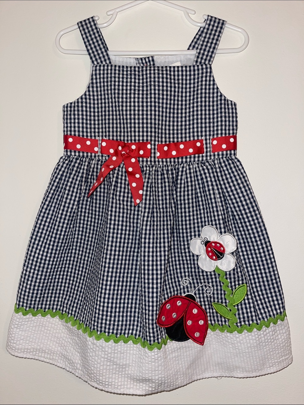Rare Editions Navy Gingham Dress with Red Polka Dot Belt